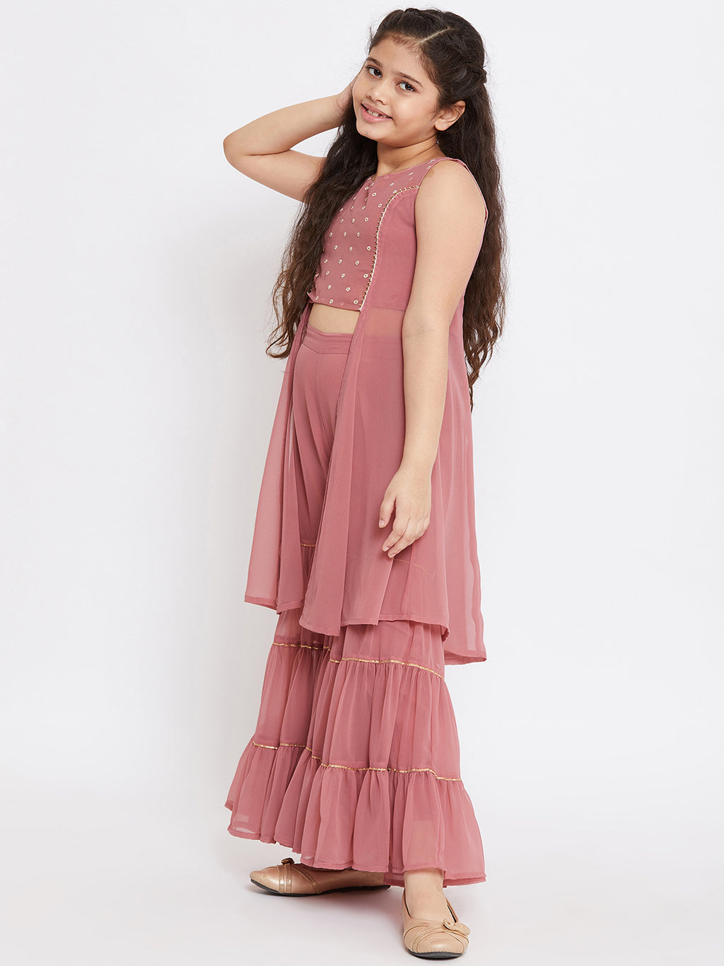 Girls Ankle Length Solid Kurti Set - Pink