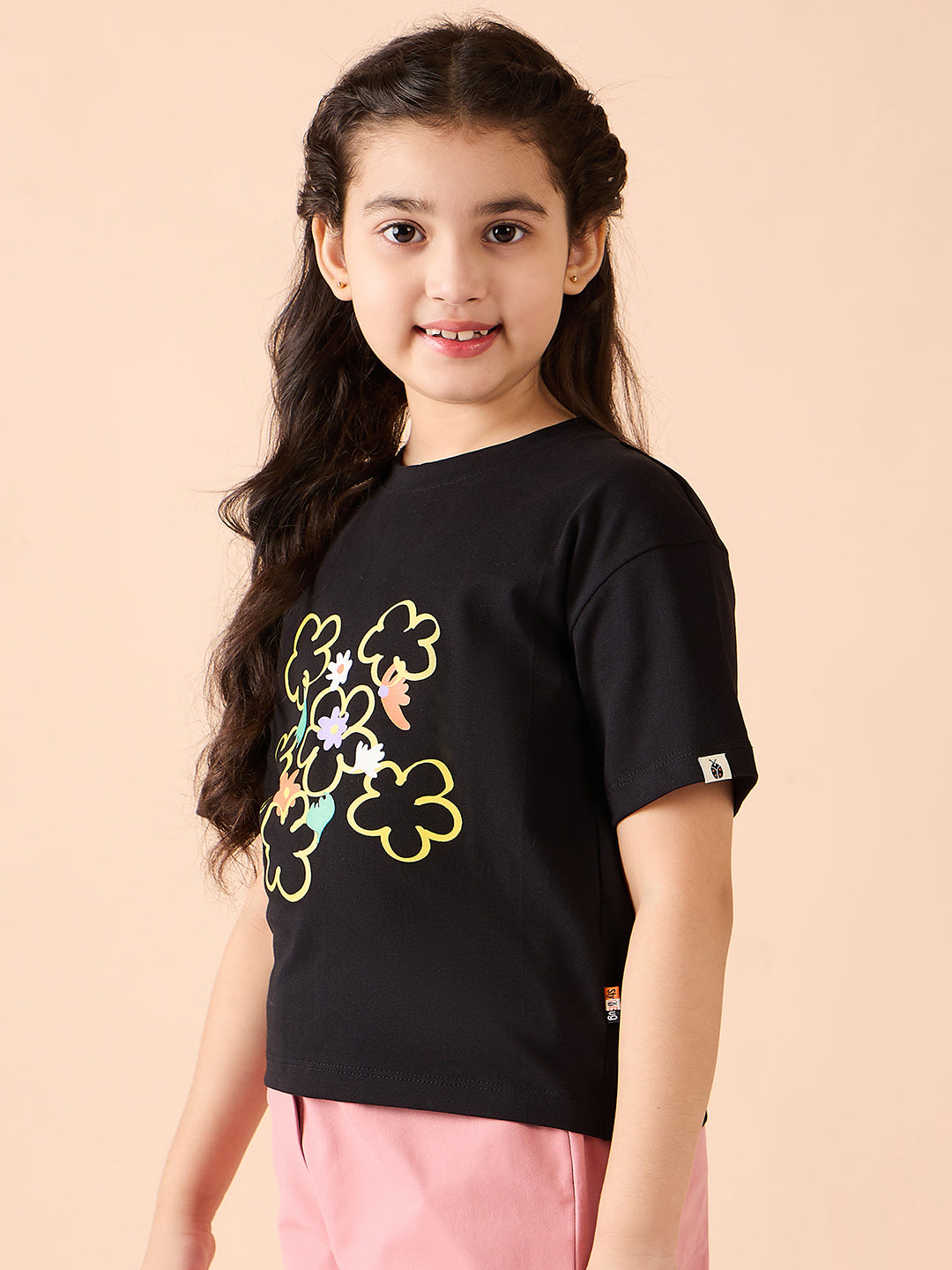 Girls Hip length Printed T-shirt - Black