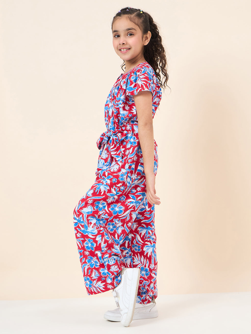Girls Ankle Length All over Print Jumpsuit - Red