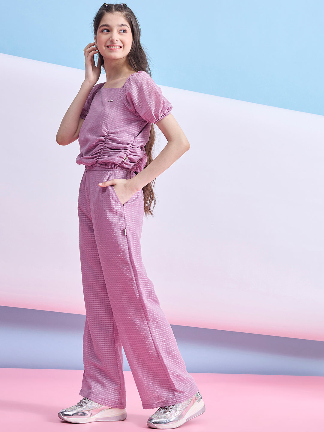 Girls Ankle Length Solid Top With Pants - Pink