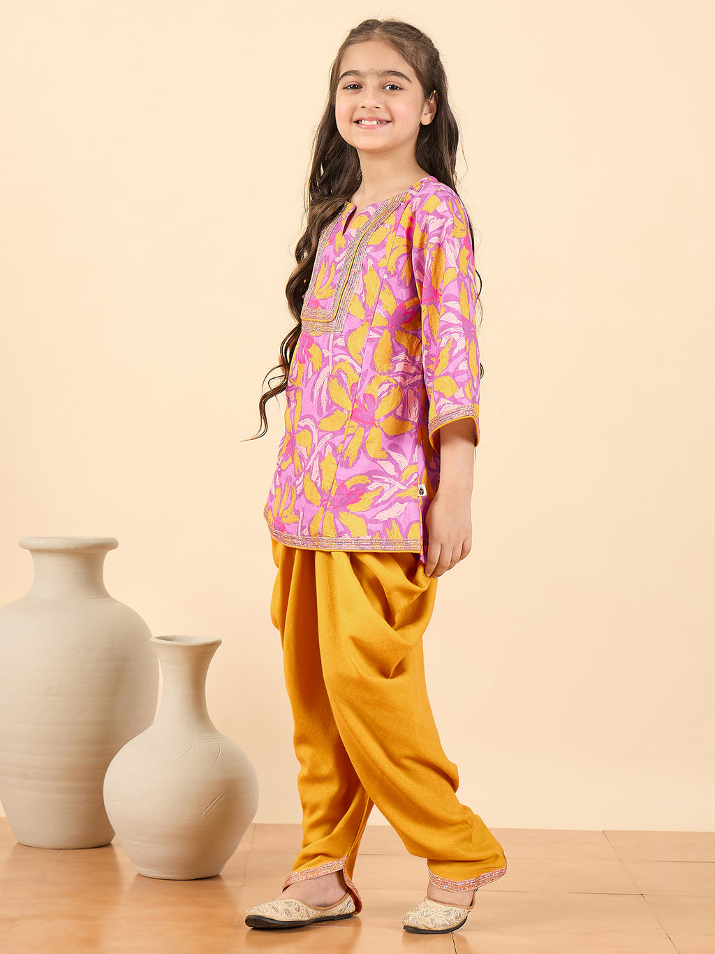 Girls Above Knee All over Print Kurti Set - Lavender