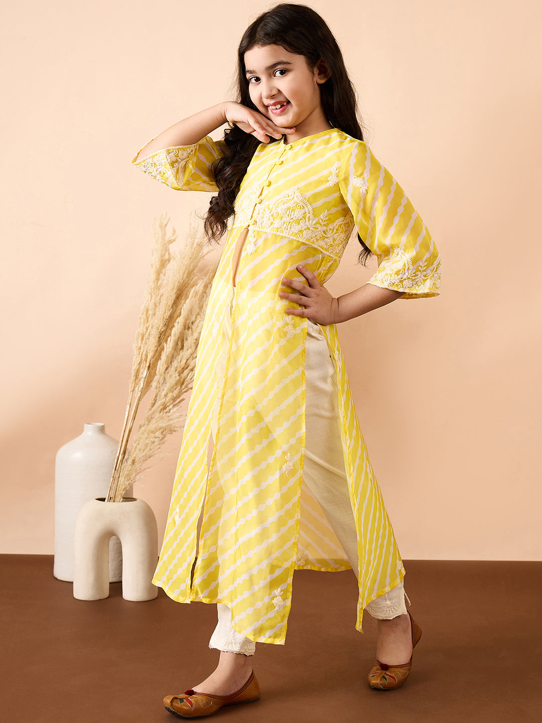 Girls Calf Length Printed Kurti Set - Yellow