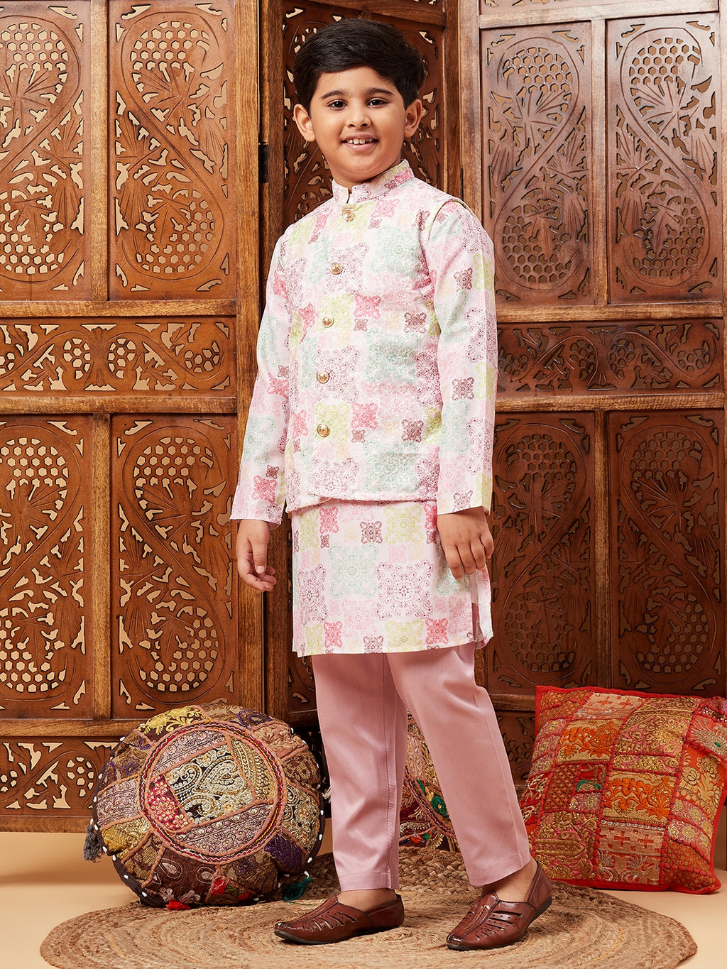 Boys Above Knee Embroidery Kurta Set with Jacket - Multi