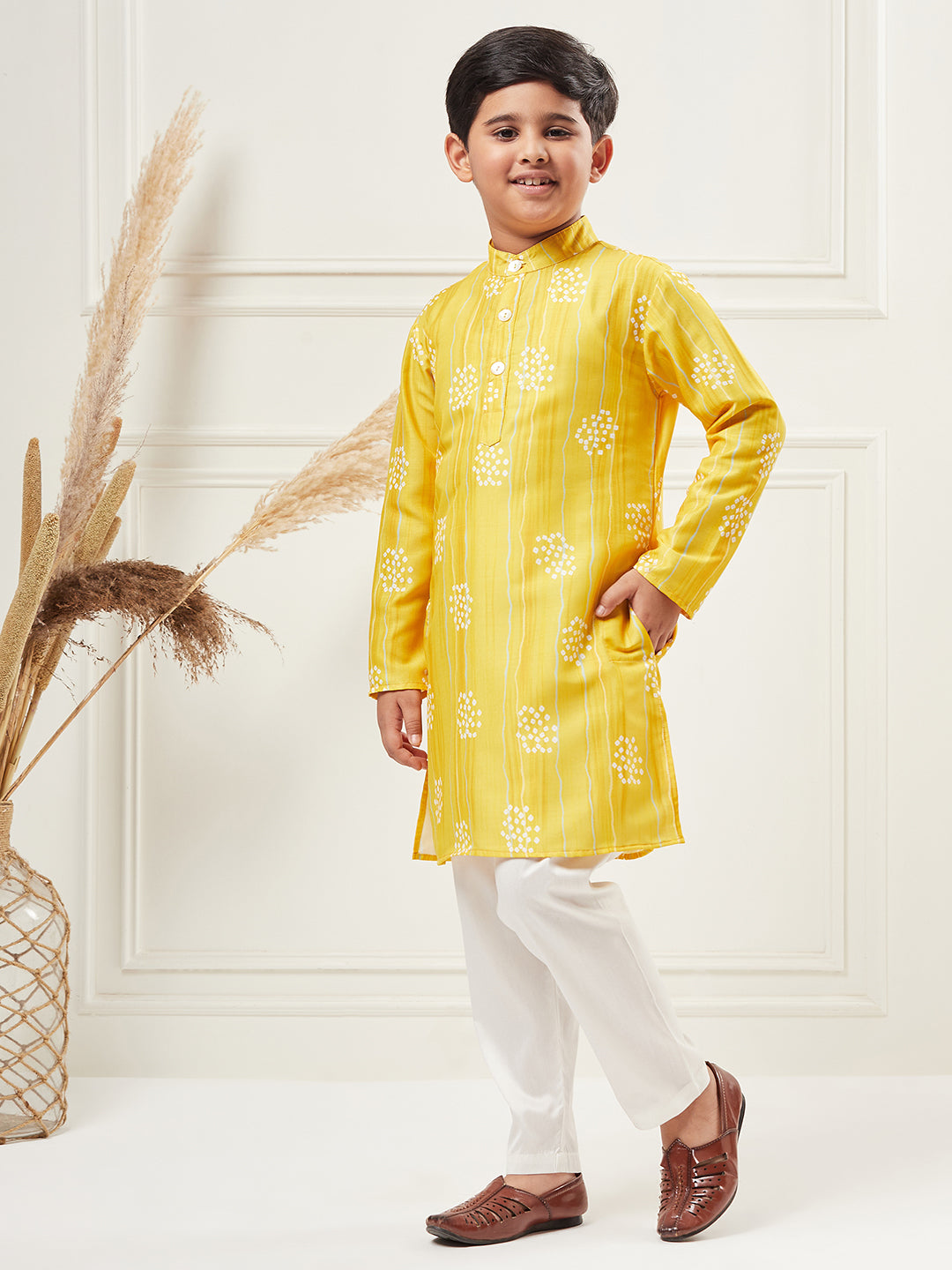 Boys Above Knee All over print Kurta Set - Yellow