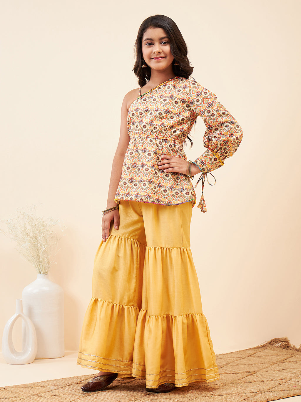 Girls Above Knee Printed Kurti Set - Yellow