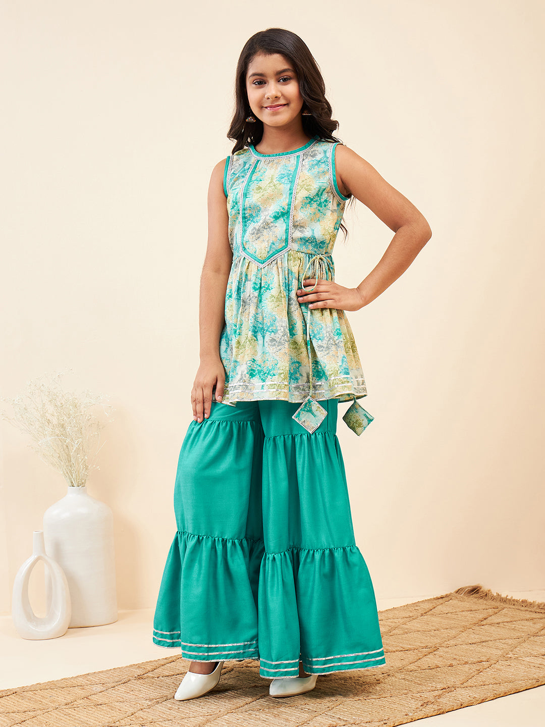 Girls Ankle Length Printed Kurti Set - Green