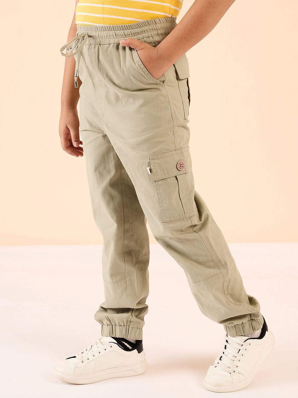 Boys Ankle Length Solid Cargo Pants - Beige
