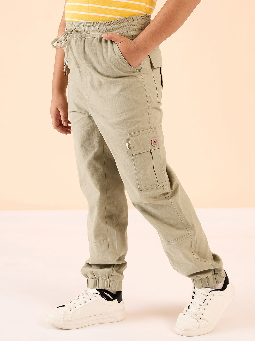Boys Ankle Length Solid Cargo Pants - Beige
