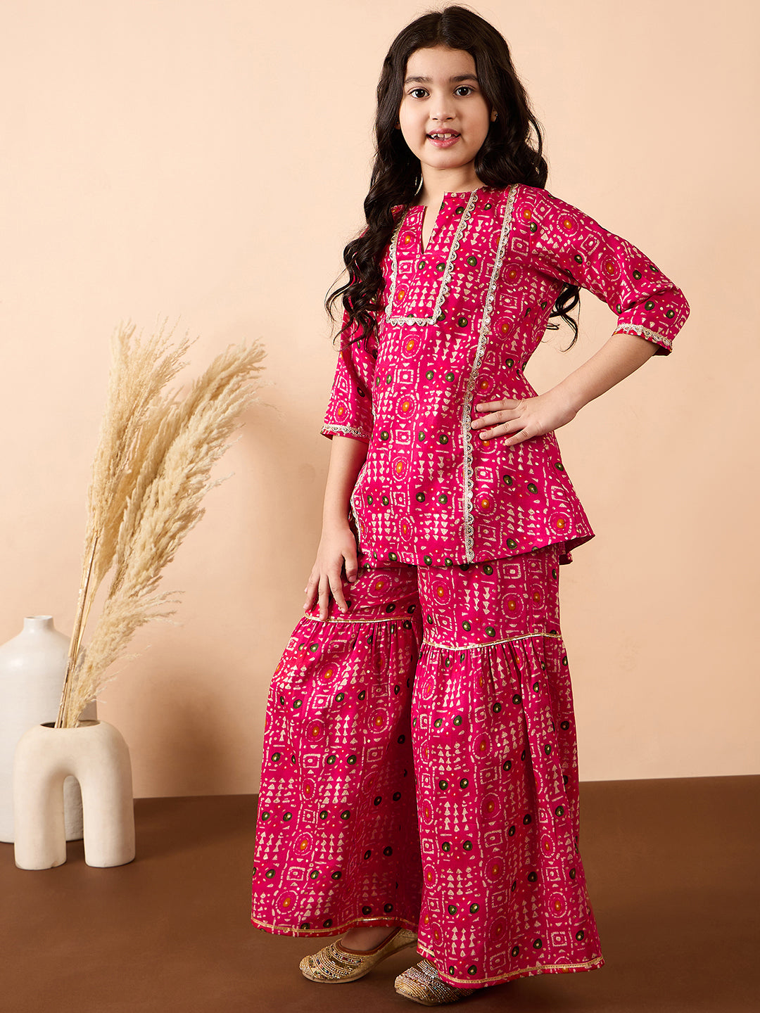 Girls Ankle Length All over Print Kurti Set - Magenta