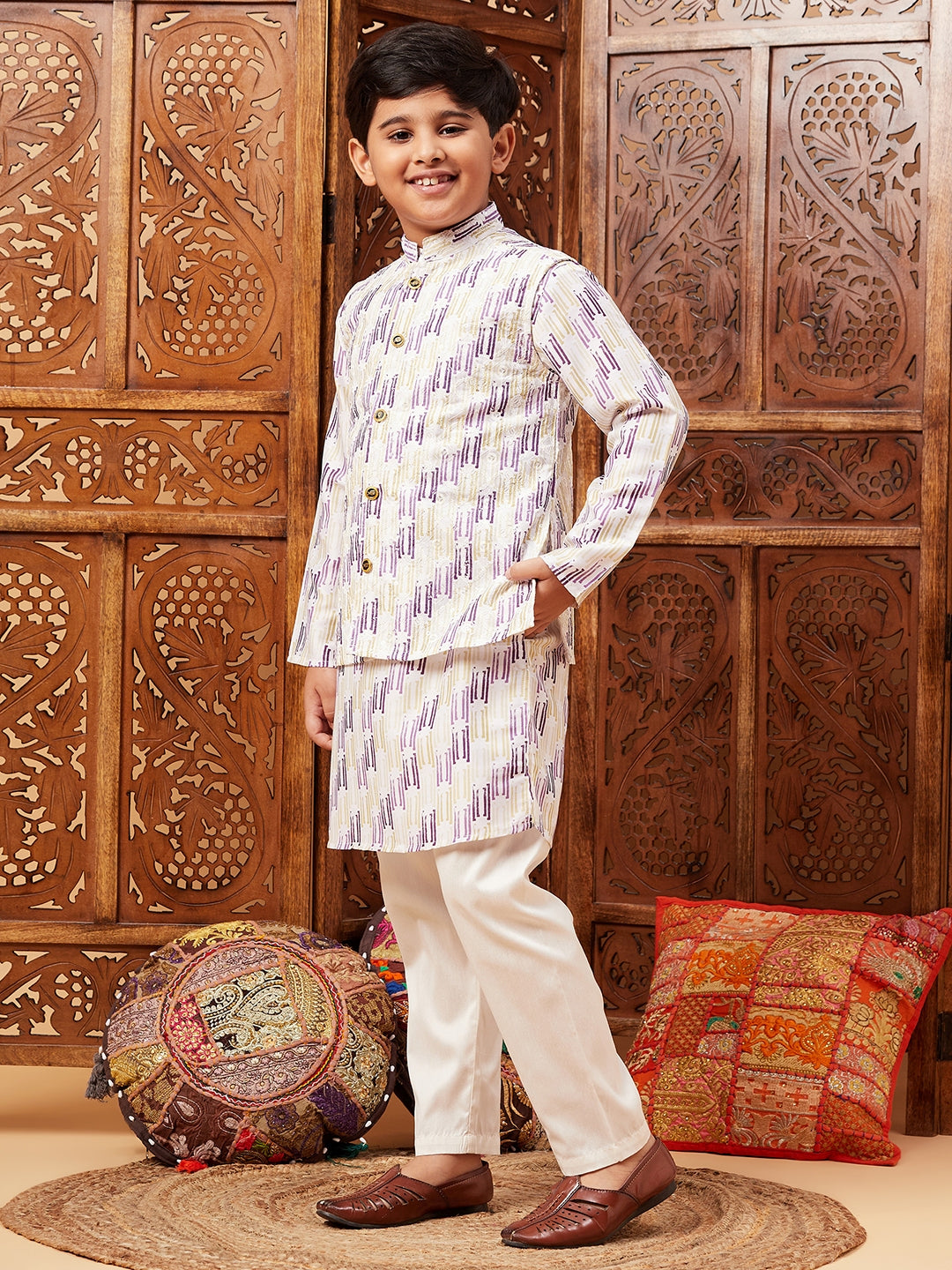 Boys Above Knee Embroidery Kurta Set with Jacket - Purple