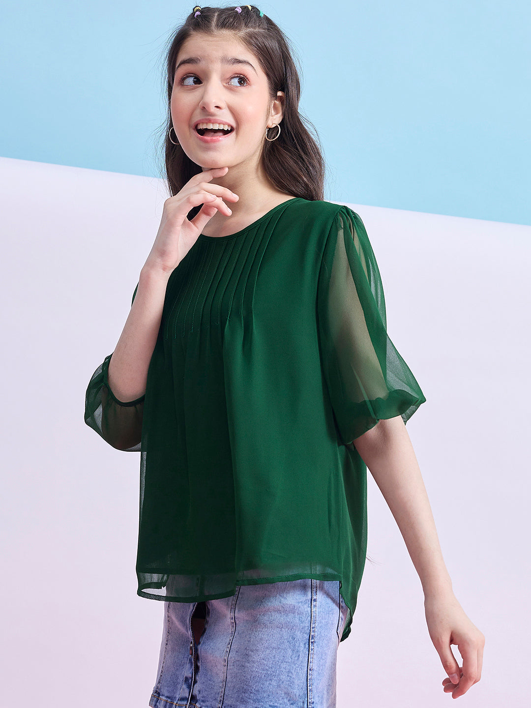 Girls Hip length Solid Top - Green