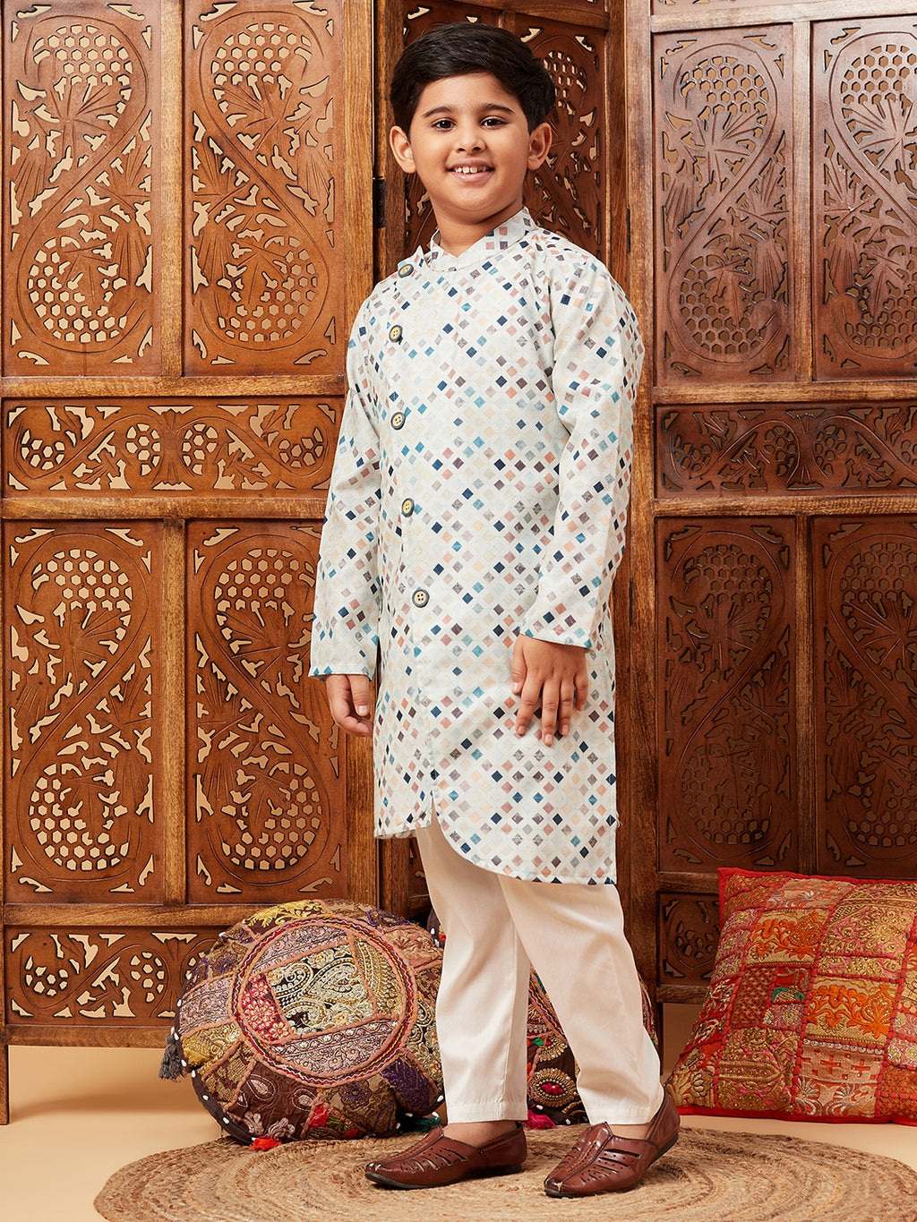 Boys Above Knee All over print Kurta Set - Blue