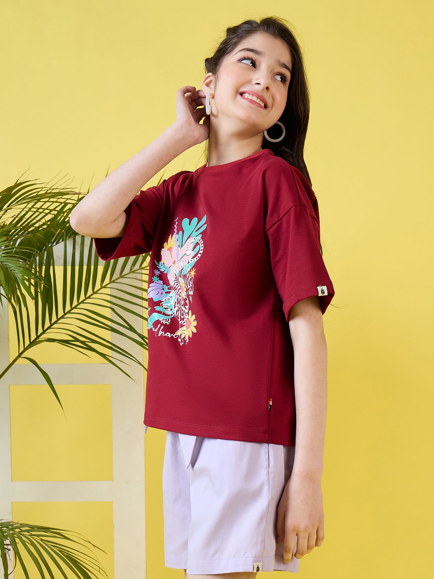 Girls Hip length Printed T-shirt - Maroon