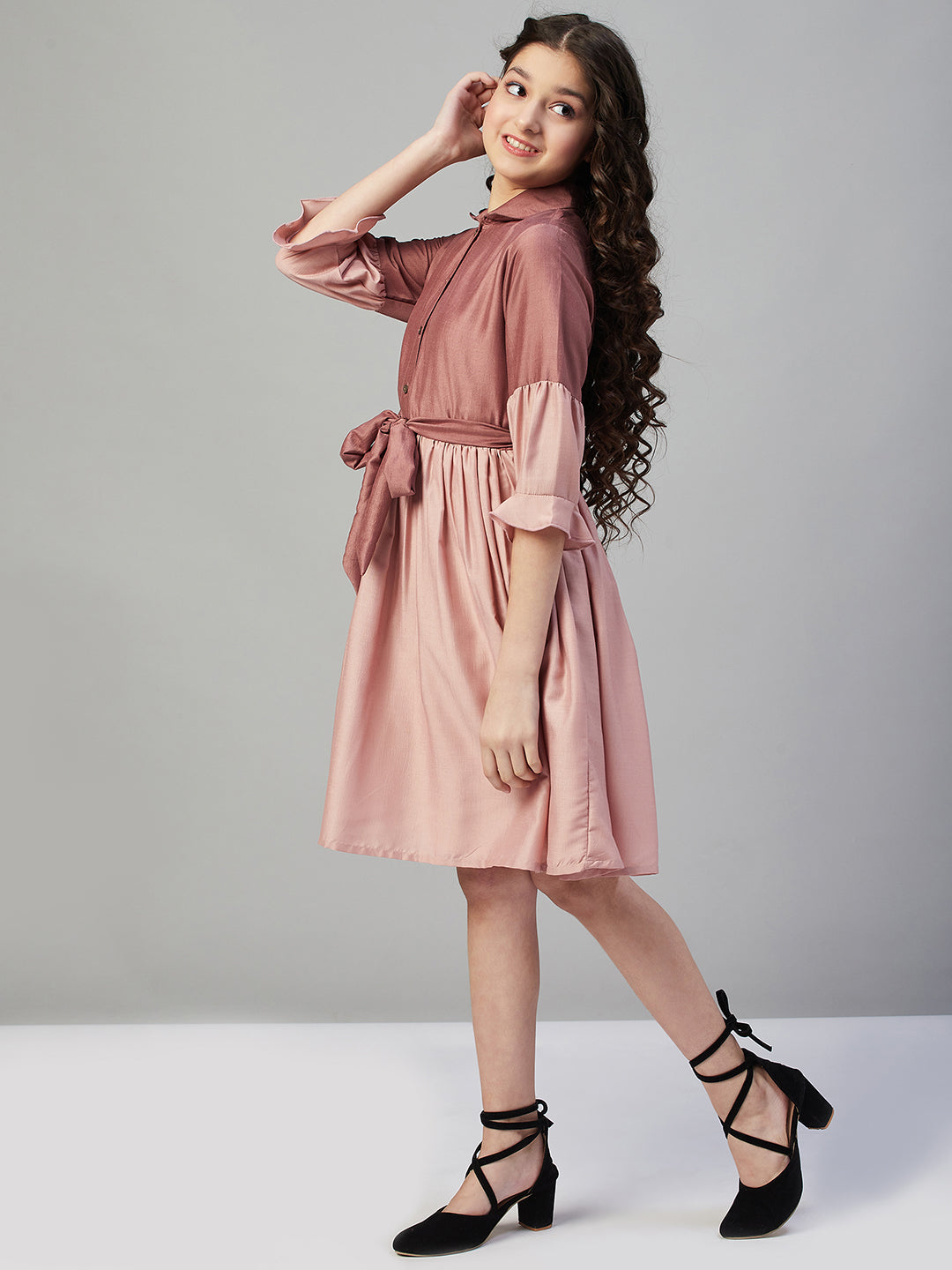 Girls Knee Length Solid Dress - Multi