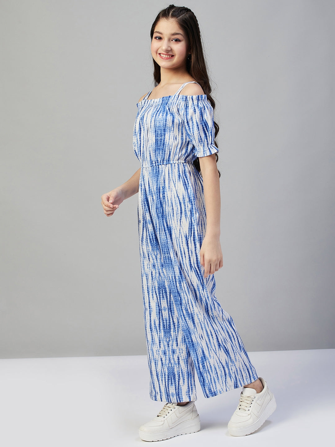 Girls Ankle Length Printed Jumpsuit - Blue