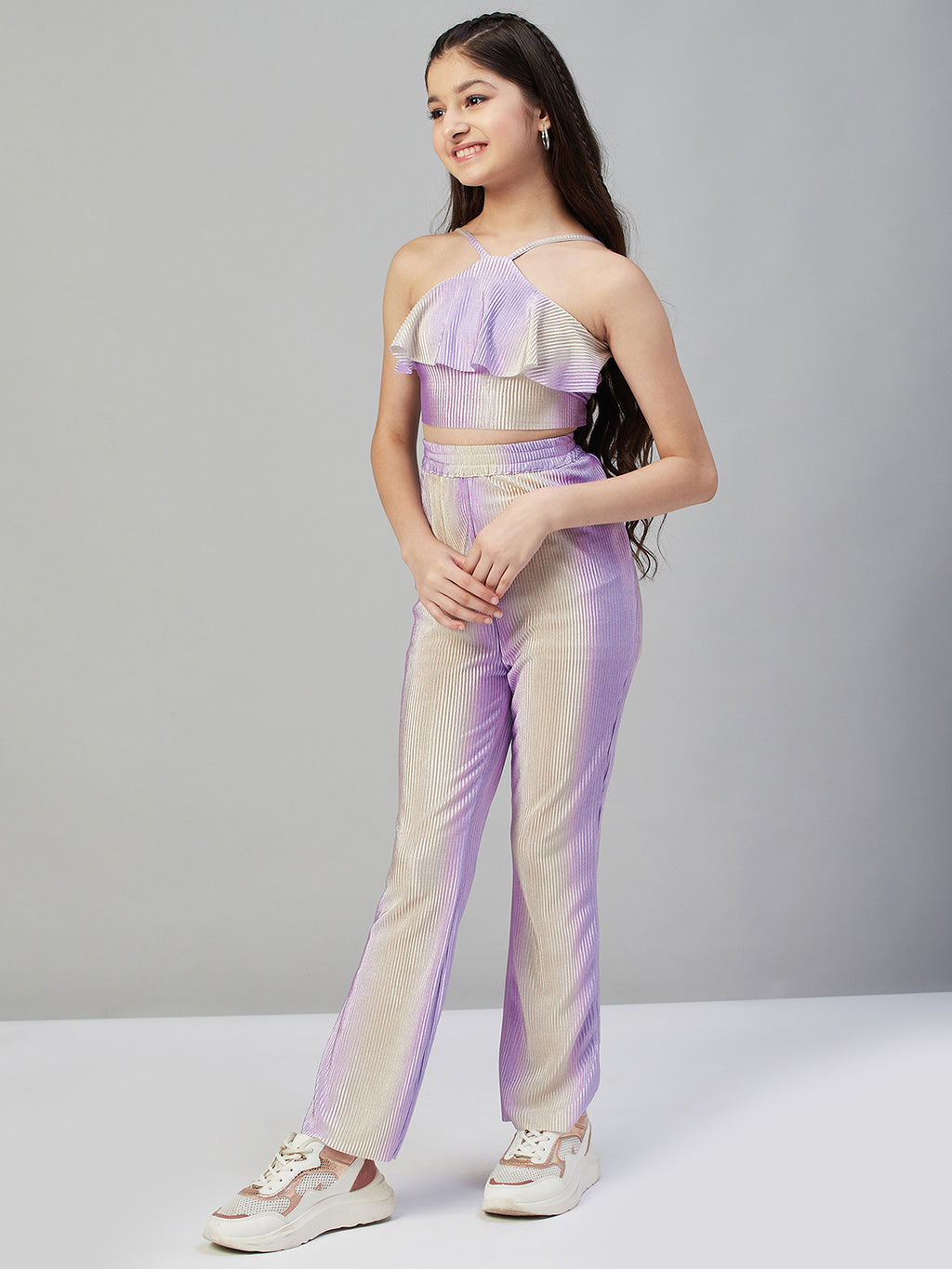 Girls Ankle Length Solid Top With Pants - Purple