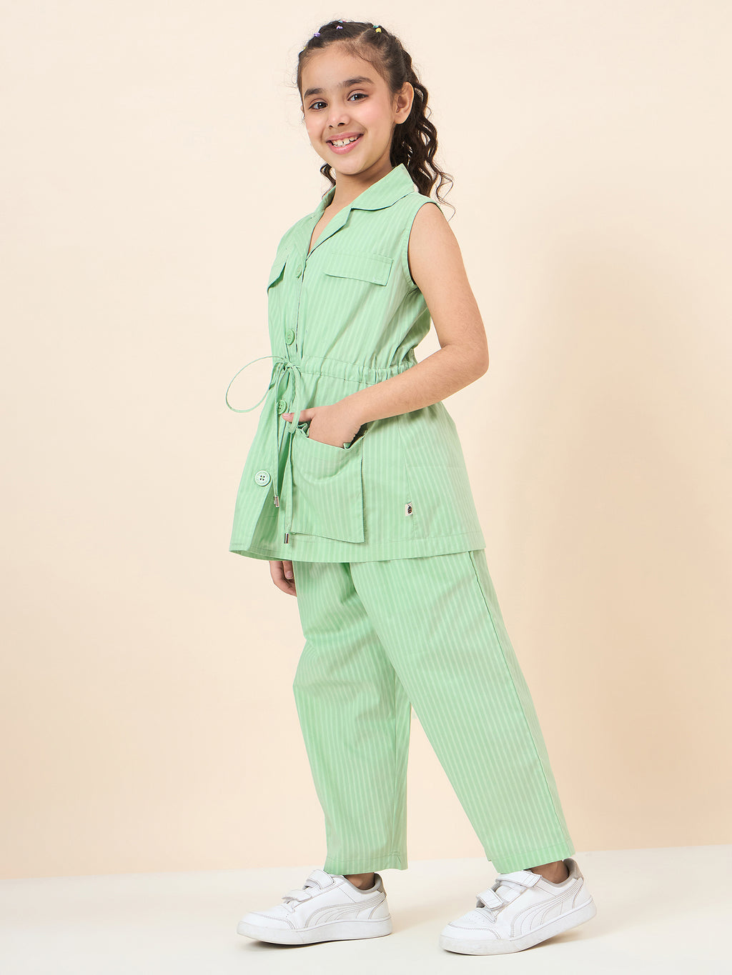 Girls Ankle Length Solid Top With Pants - Green