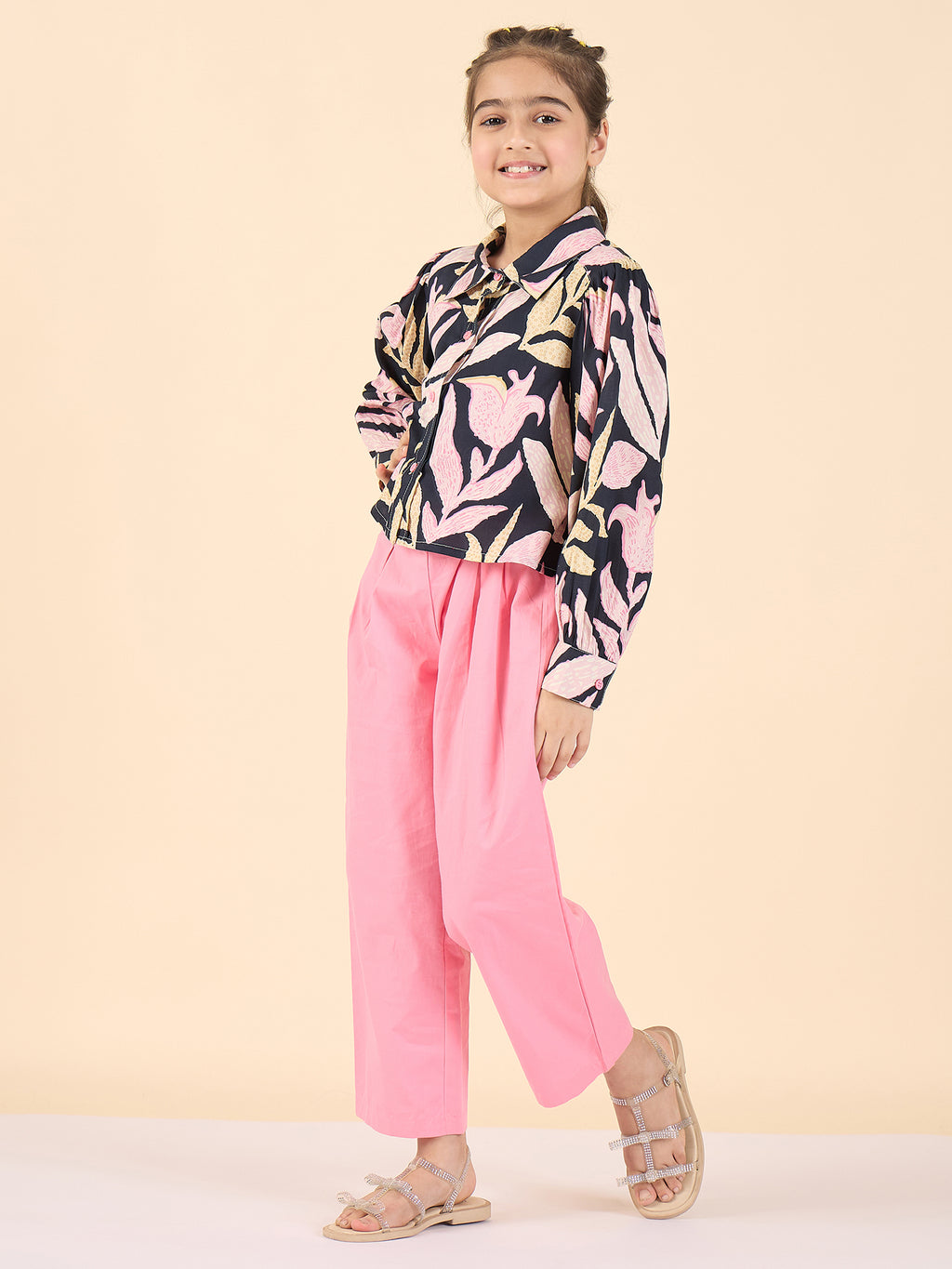Girls Ankle Length All over Print Top With Pants - Black
