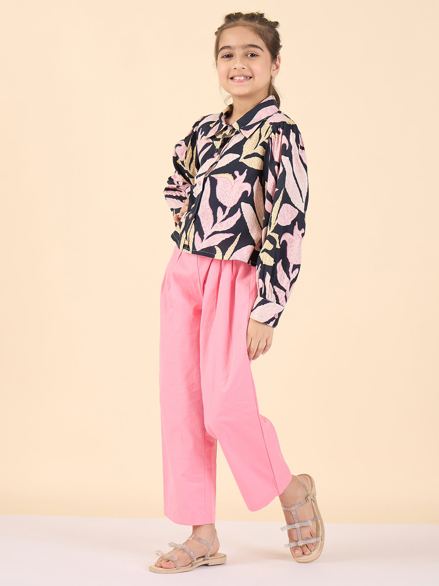 Girls Ankle Length All over Print Top With Pants - Black