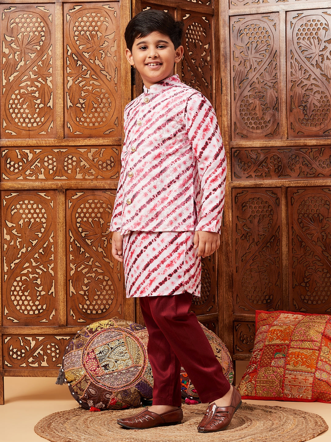 Boys Above Knee Embroidery Kurta Set with Jacket - Maroon