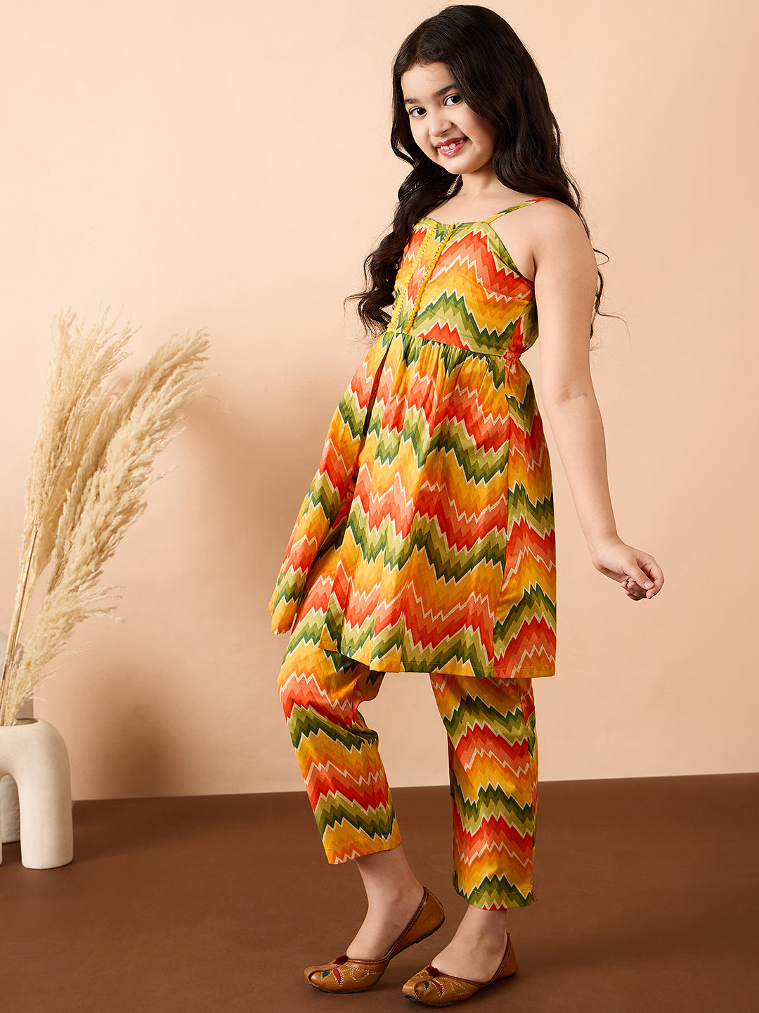 Girls Ankle Length All over Print Kurti Set - Multi