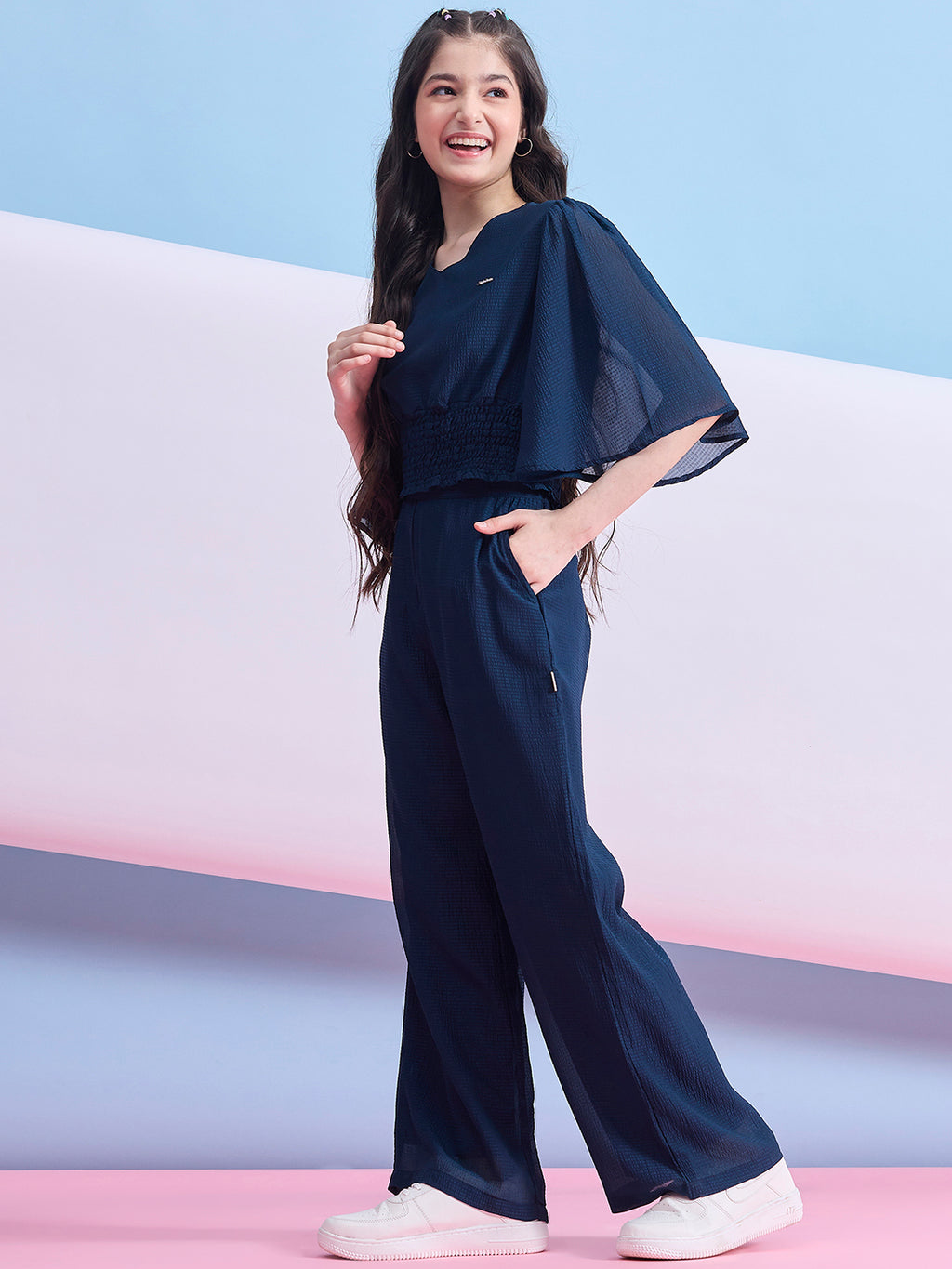 Girls Ankle Length Solid Top With Pants - Navy Blue