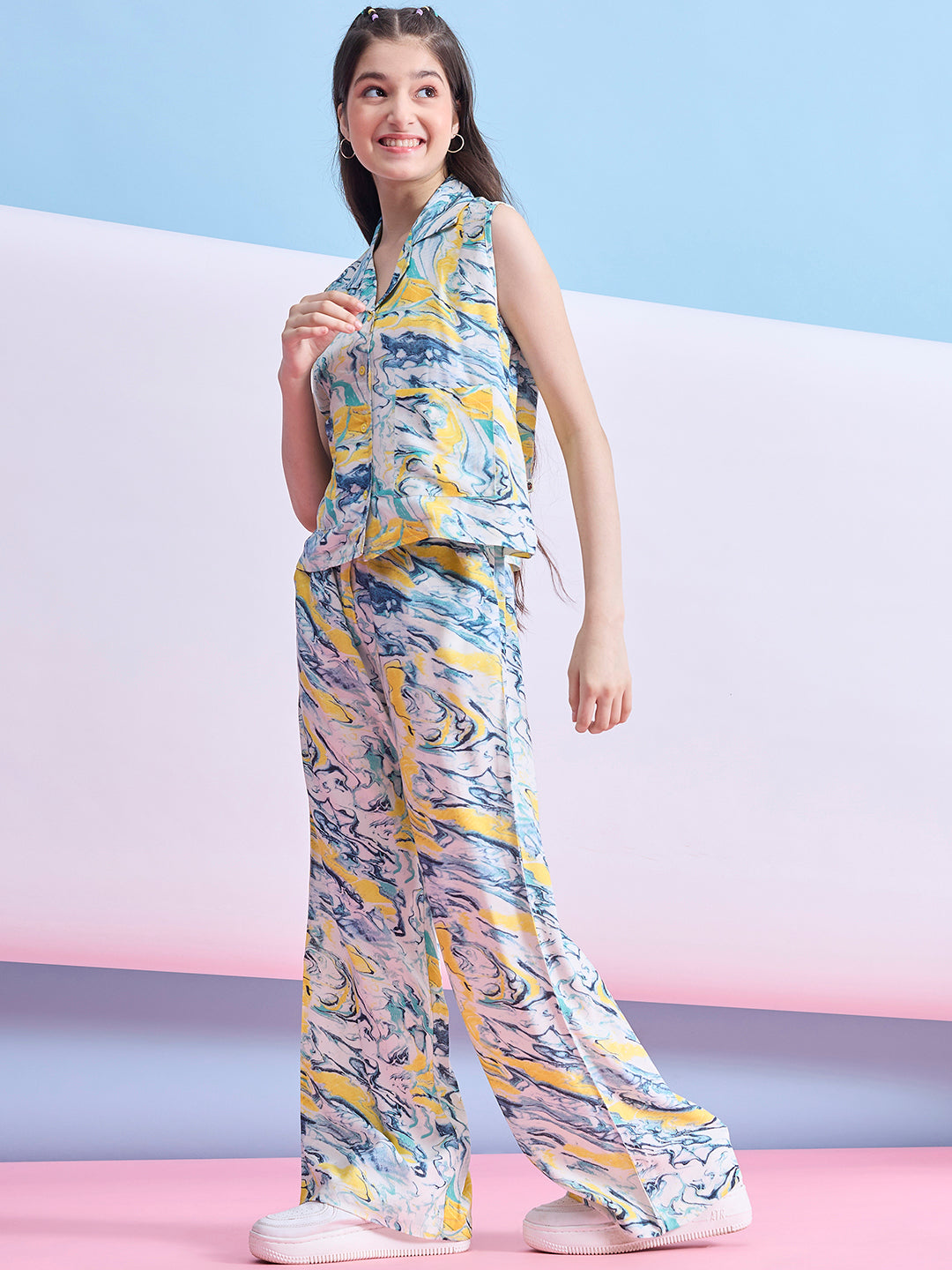 Girls Ankle Length Abstract Print Top With Pants - Multi