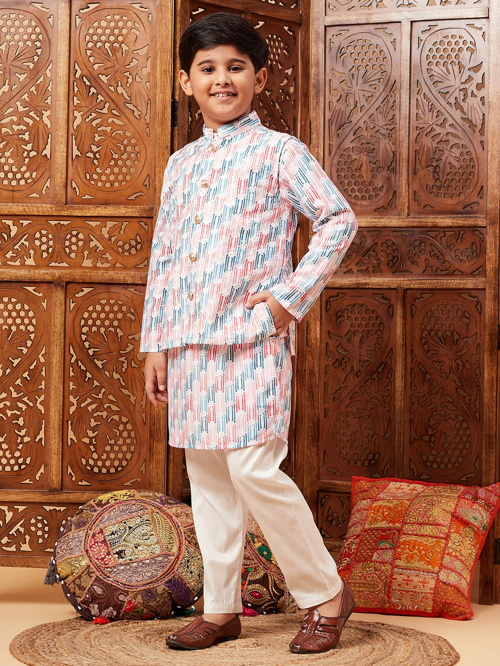 Boys Above Knee Embroidery Kurta Set with Jacket - Multi