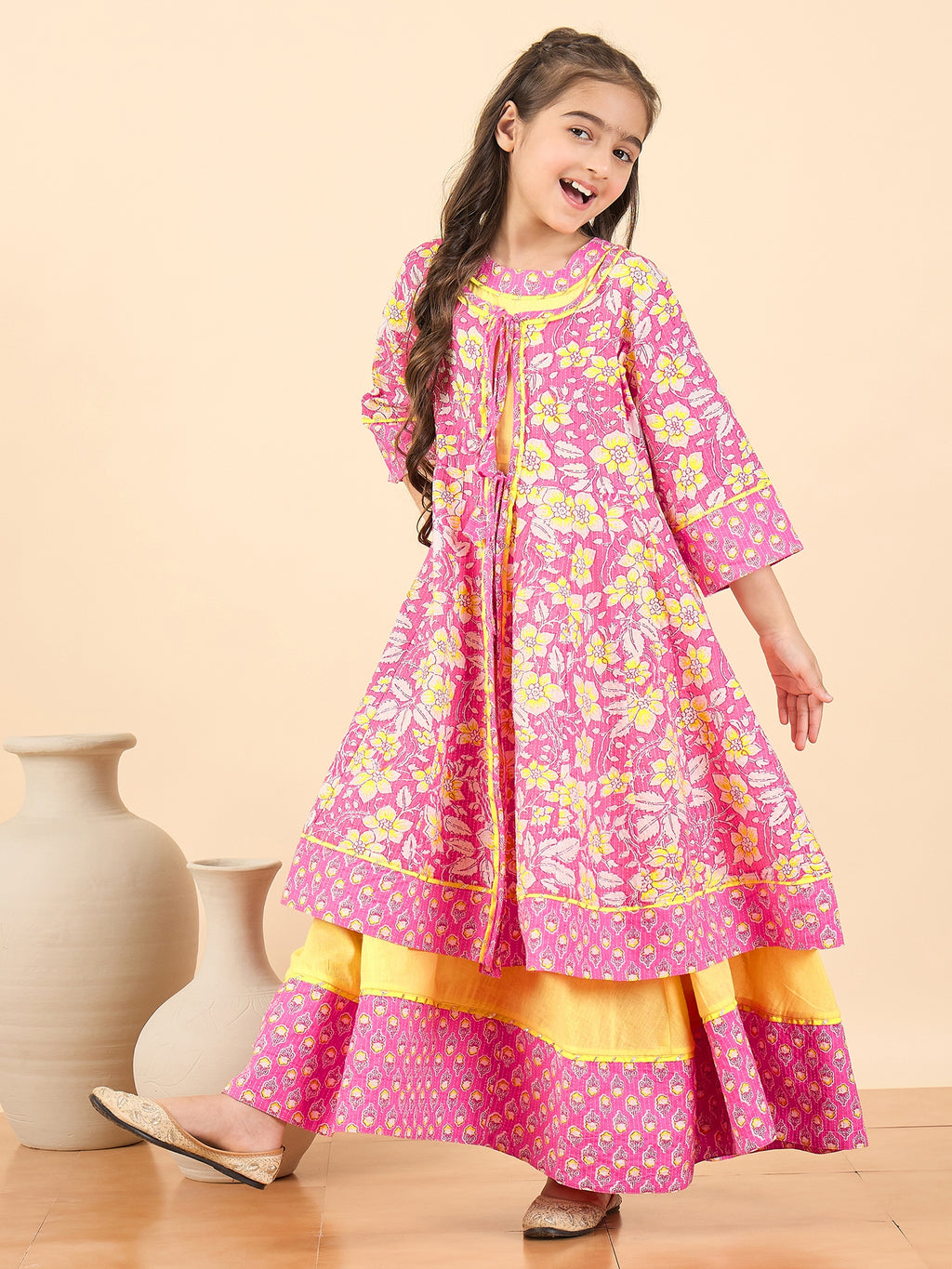 Girls Full Length Embroidery Kurti Set - Pink