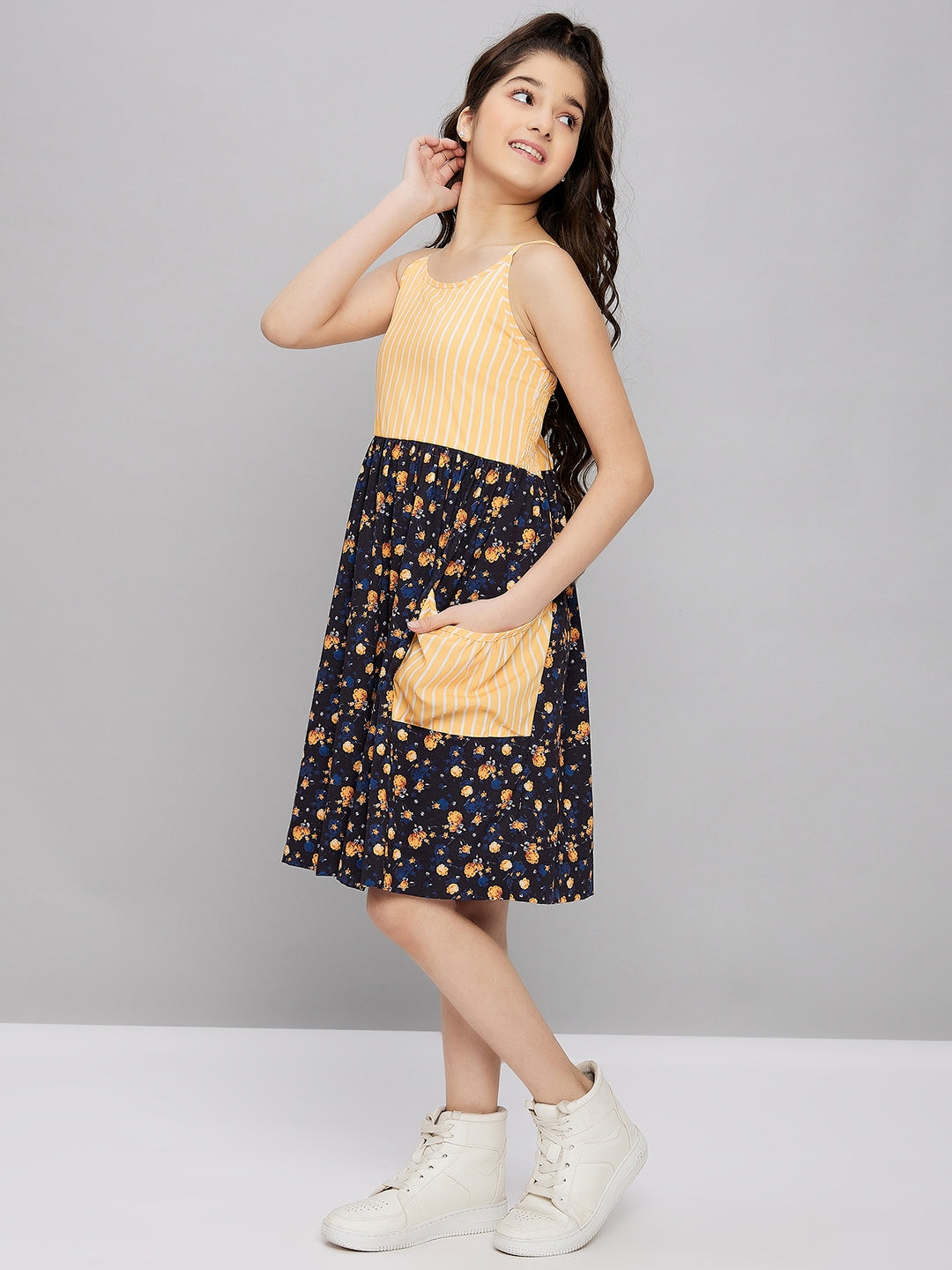 Girls Knee Length Printed Dress - Yellow