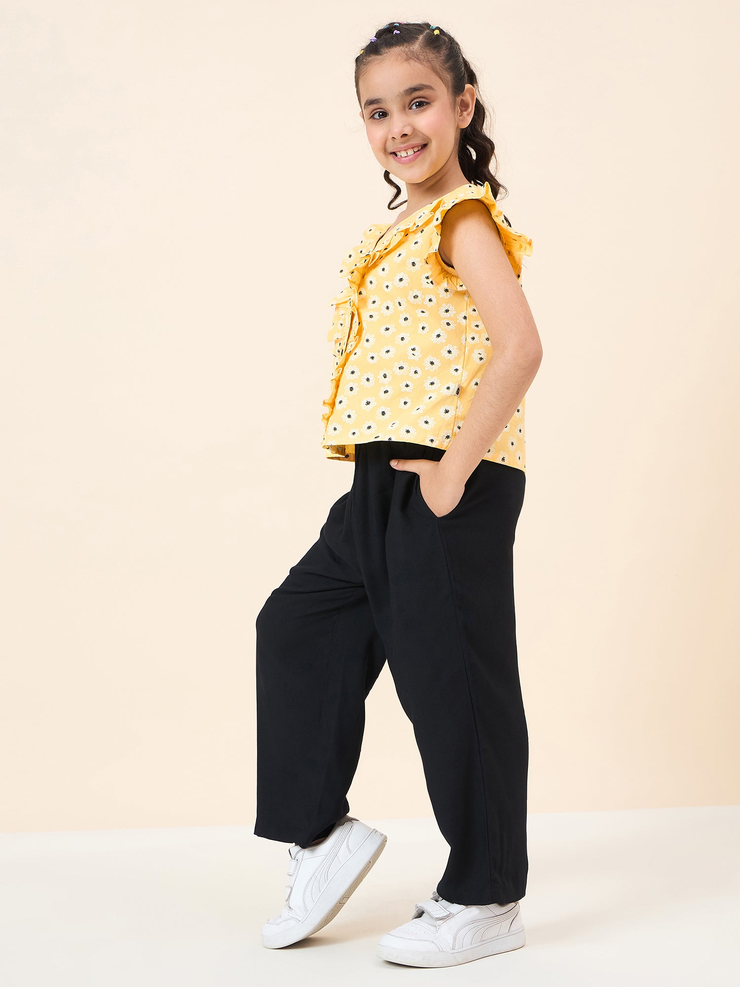 Girls Ankle Length All over Print Top With Pants - Yellow