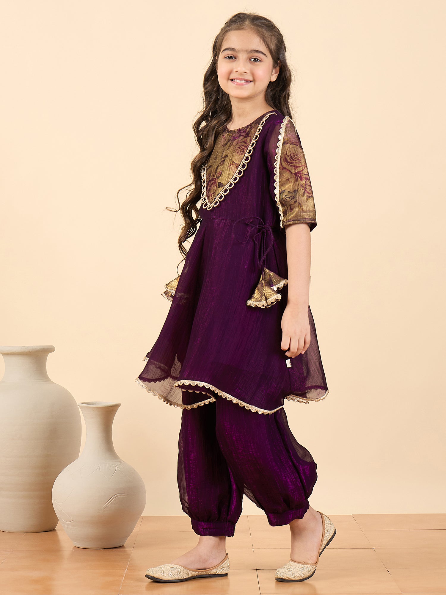 Girls Above Knee Solid Kurti Set - Purple