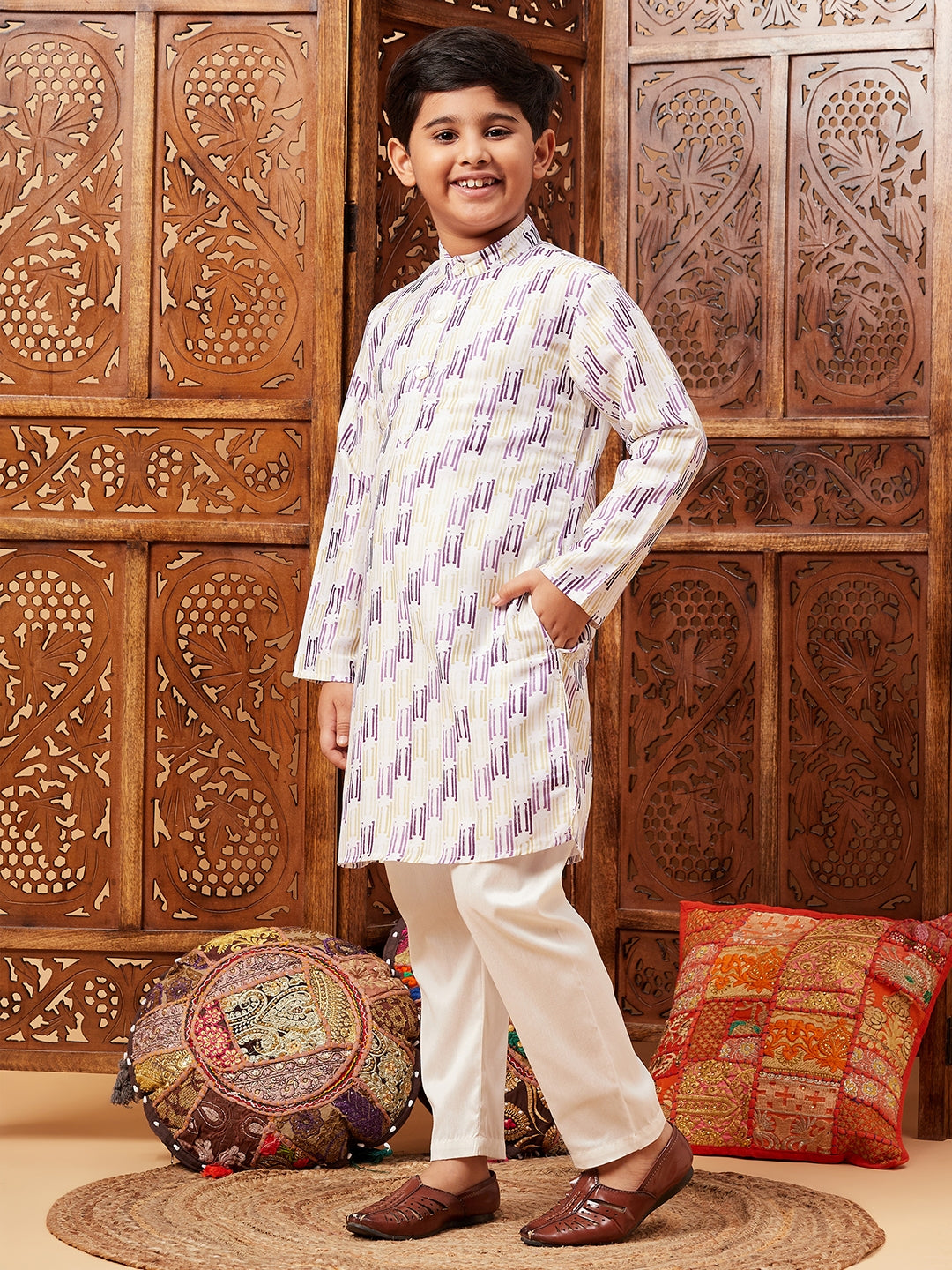 Boys Above Knee All over print Kurta Set - Purple