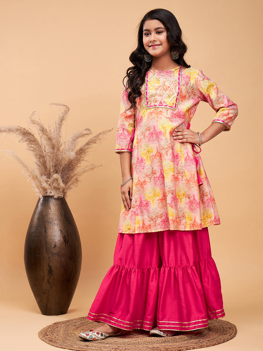 Girls Mid Thigh Printed Kurti Set - Pink