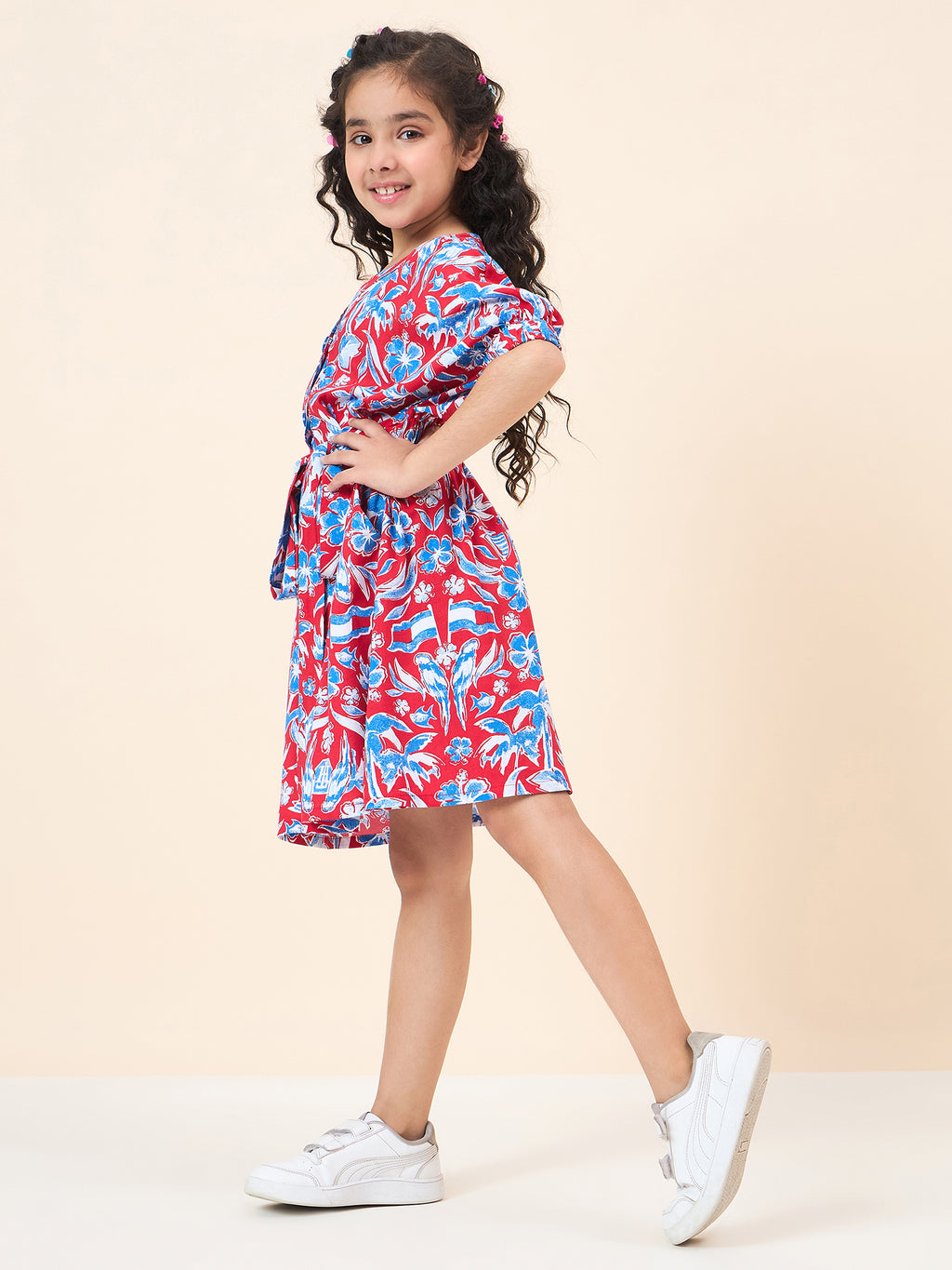Girls Knee Length All over Print Dress - Red