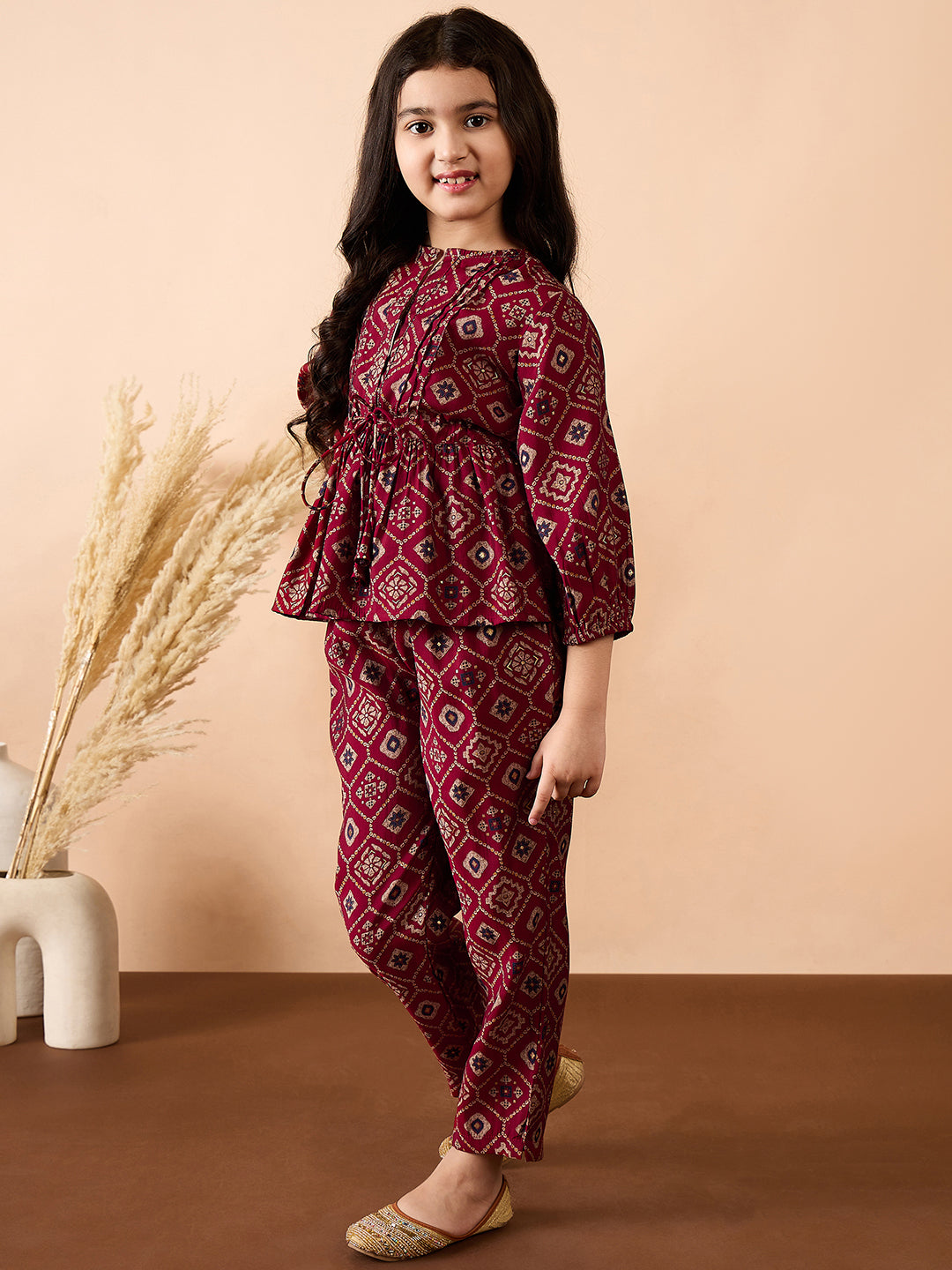 Girls Ankle Length All over Print Kurti Set - Red