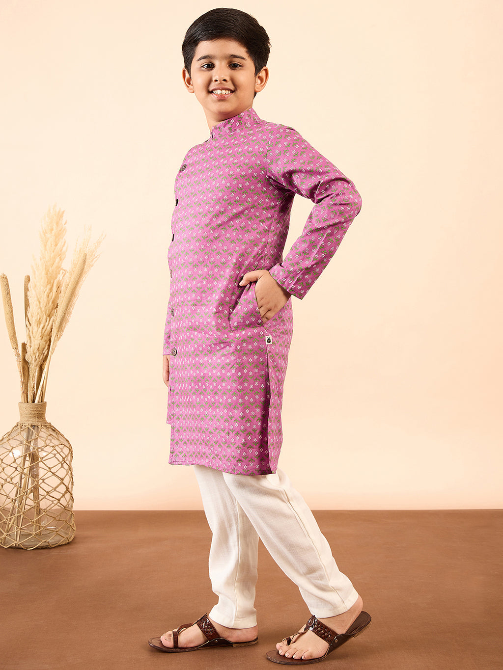 Boys Ankle Length Printed Kurta Set - Purple