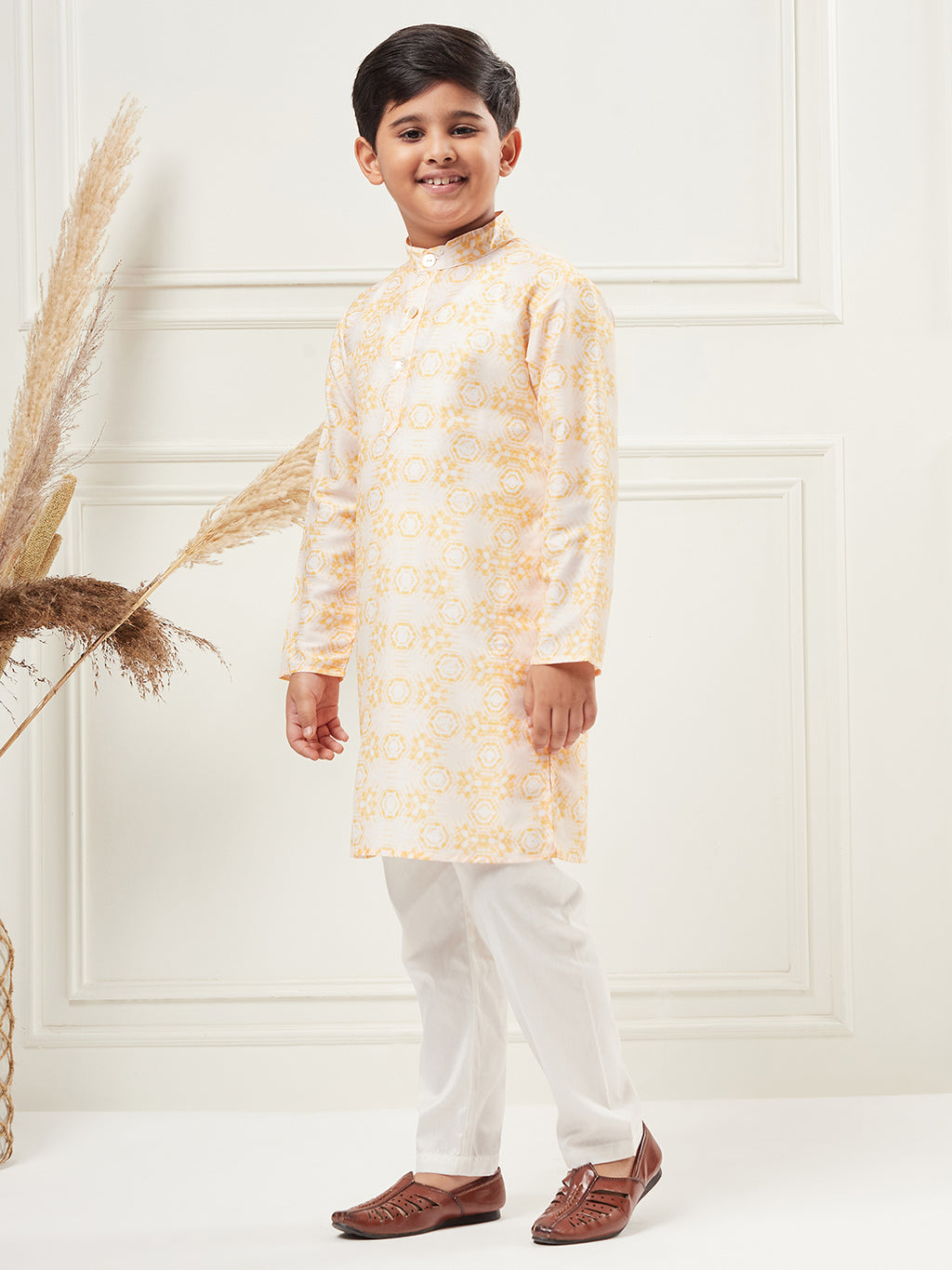 Boys Above Knee All over print Kurta Set - Yellow