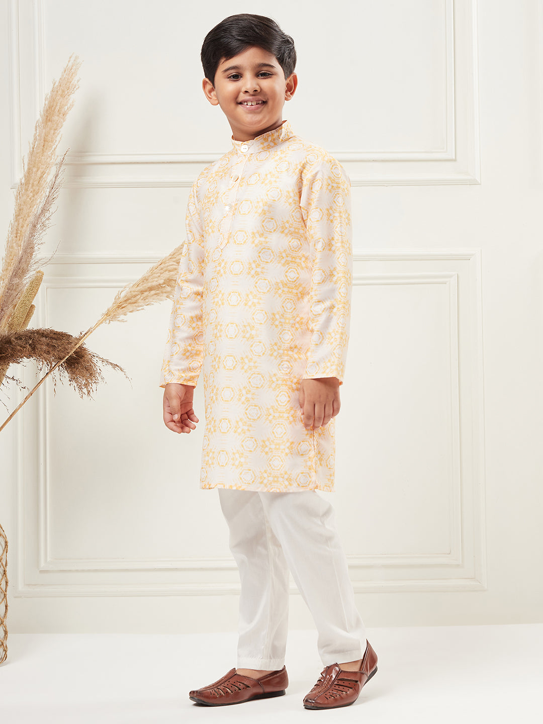 Boys Above Knee All over print Kurta Set - Yellow