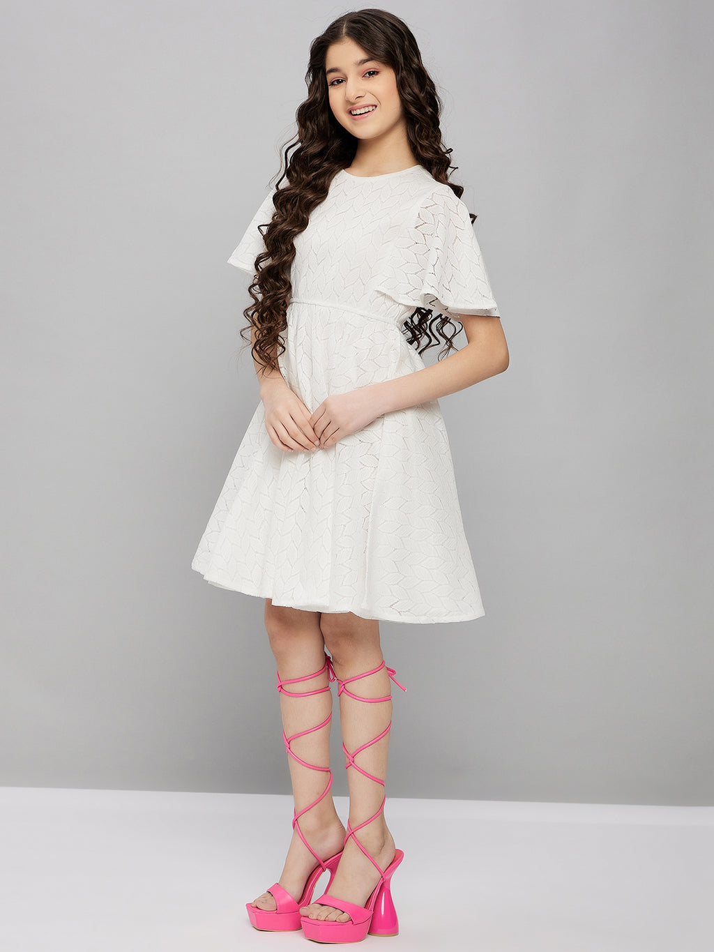 Girls Knee Length Solid Dress - Off-White