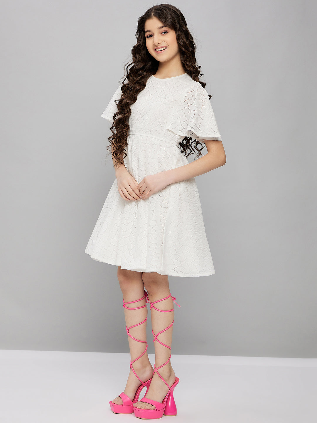 Girls Knee Length Solid Dress - Off-White