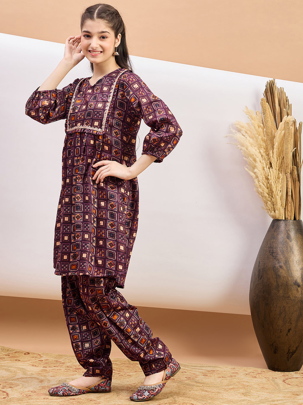 Girls Ankle Length All over Print Kurti Set - Maroon