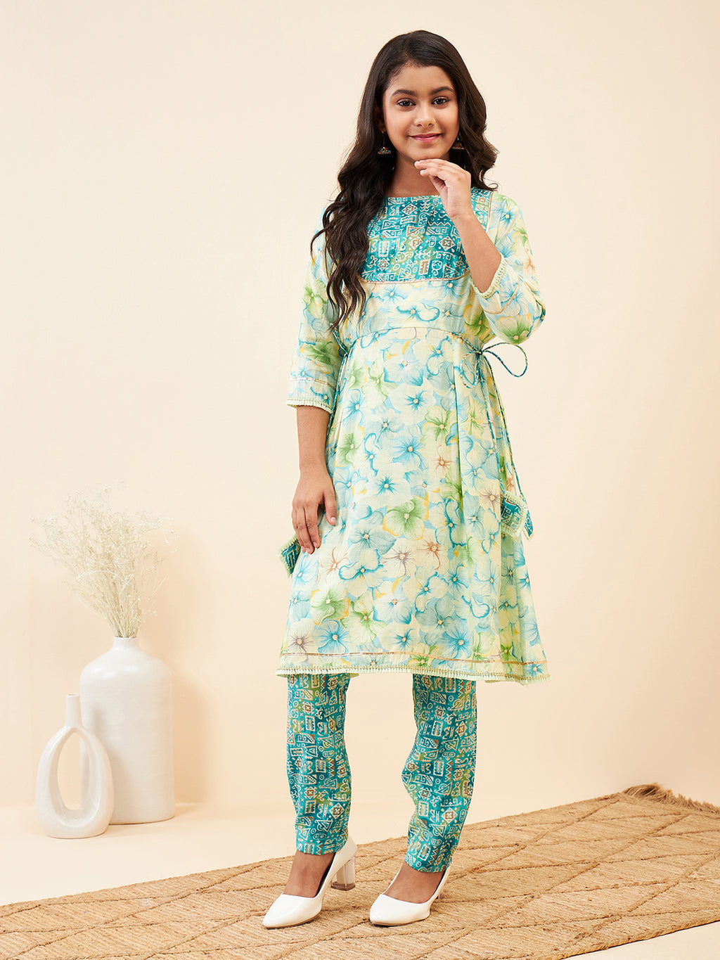 Girls Ankle Length Printed Kurti Set - Green