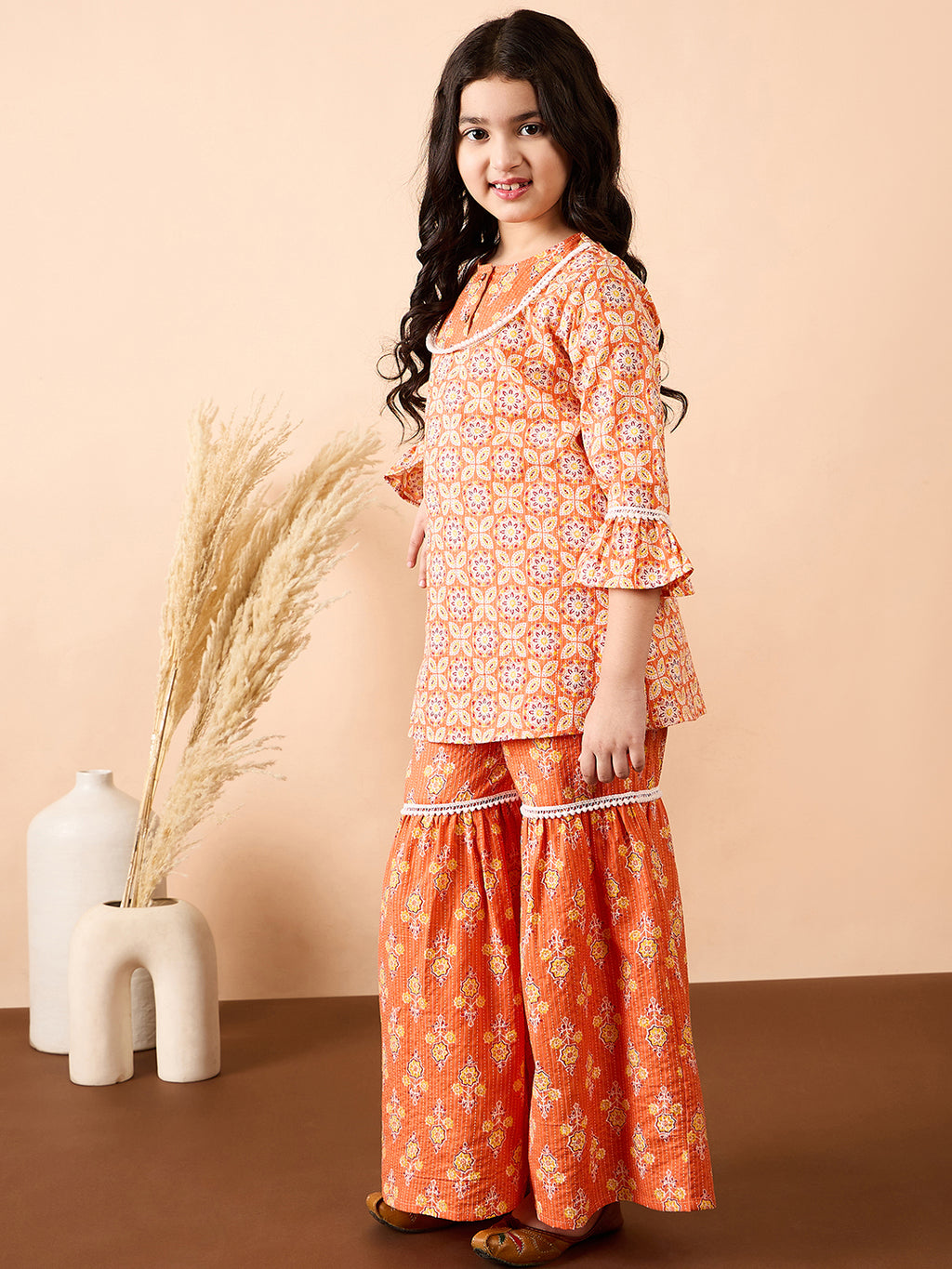 Girls Ankle Length All over Print Kurti Set - Orange