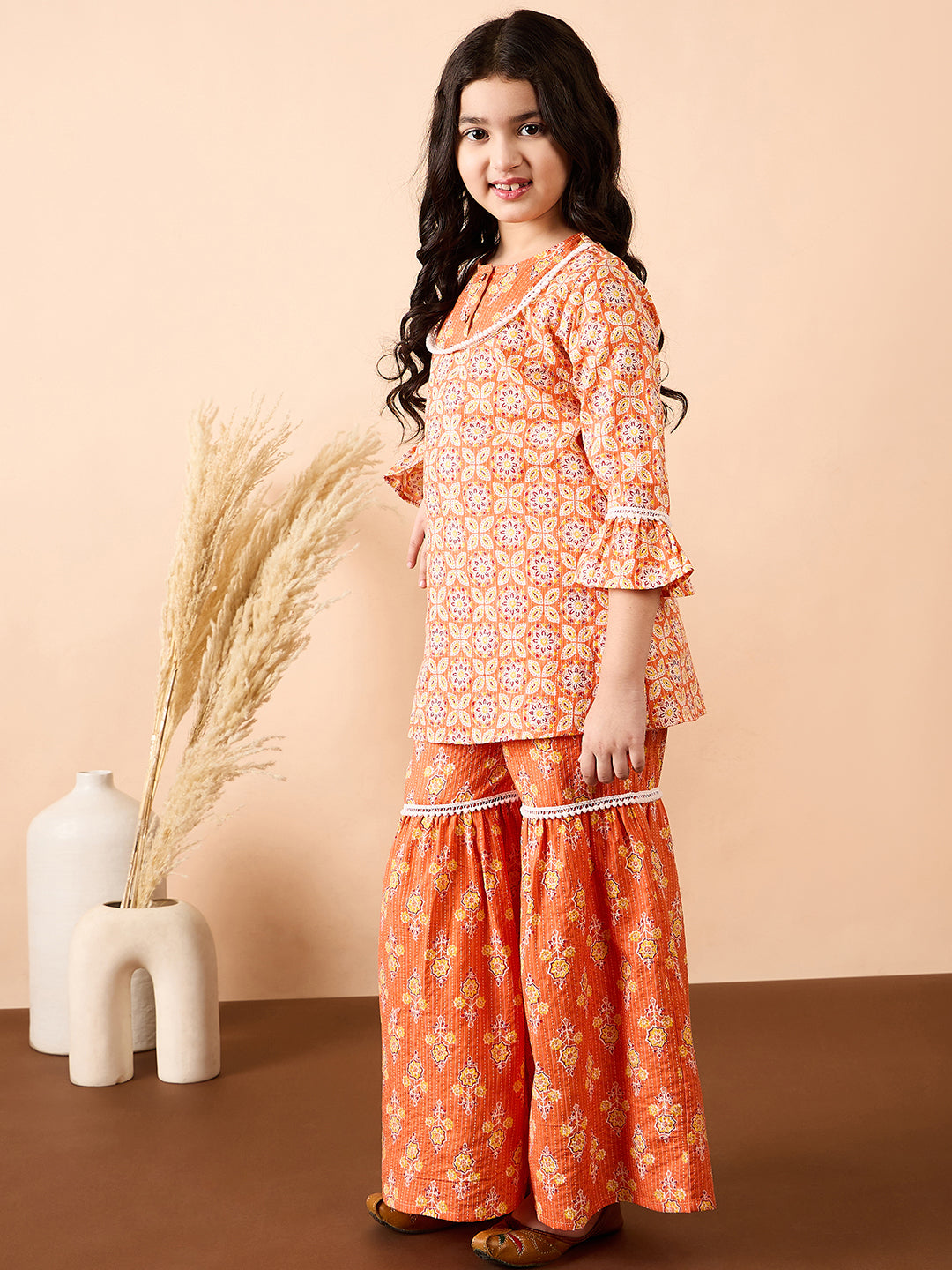 Girls Ankle Length All over Print Kurti Set - Orange