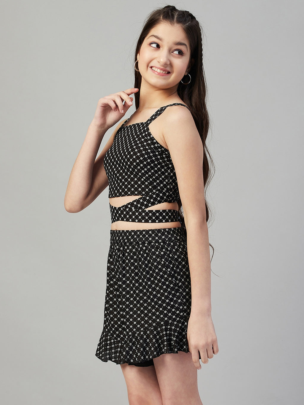 Girls Mid Thigh Printed Top with Shorts - Black