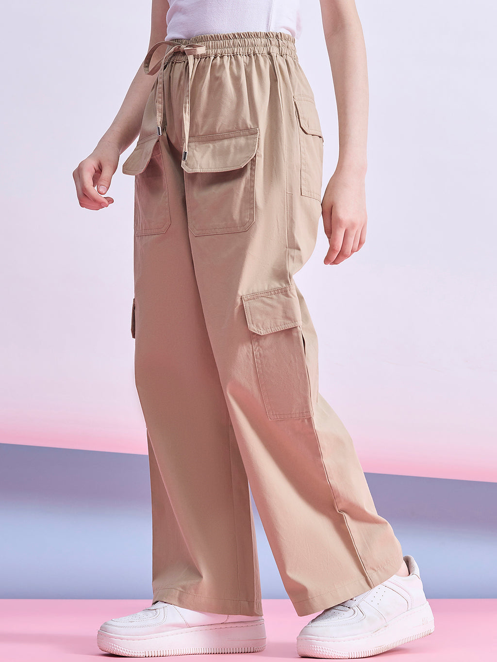 Girls Ankle Length Solid Cargo Pants - Beige