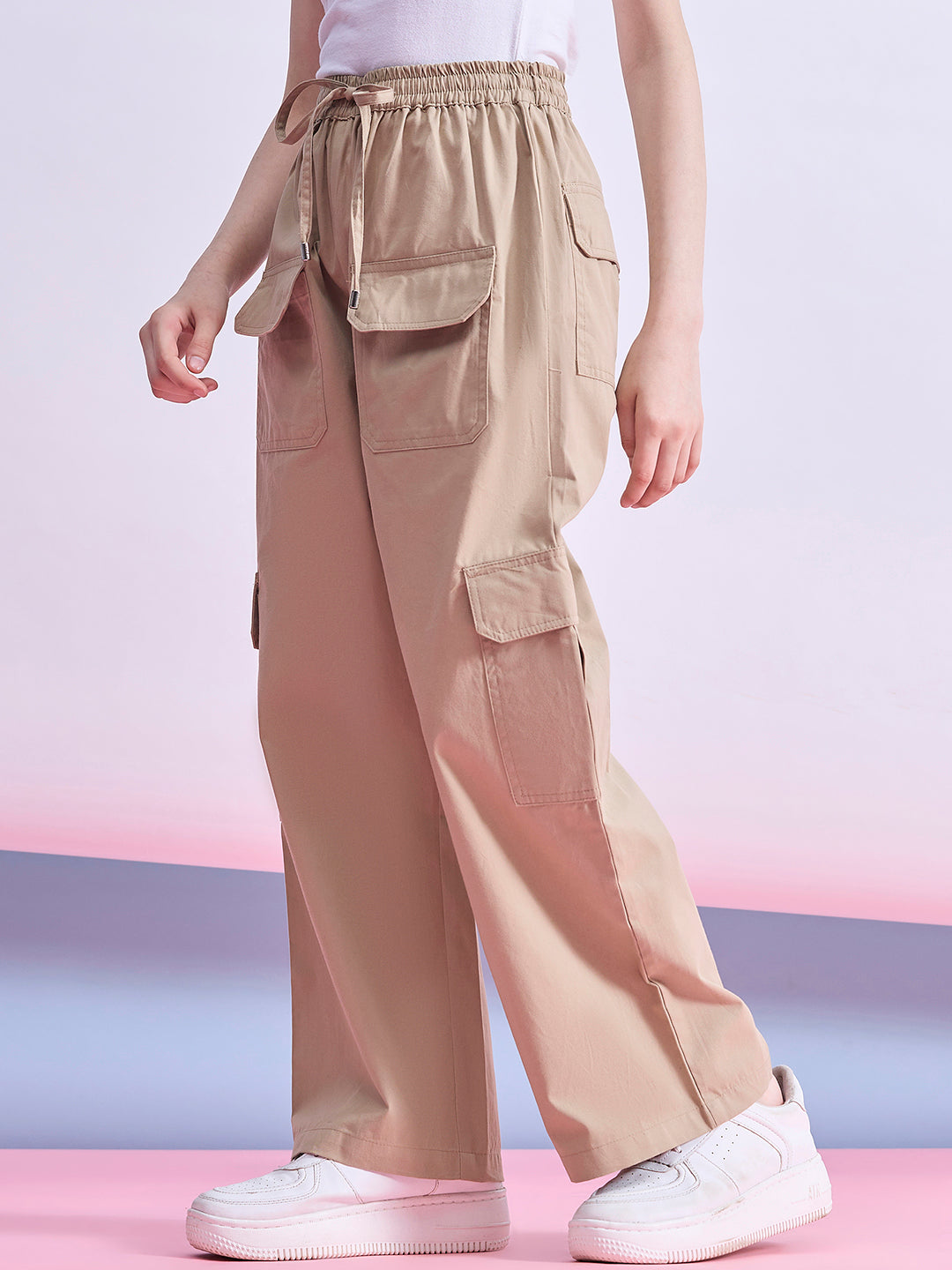 Girls Ankle Length Solid Cargo Pants - Beige