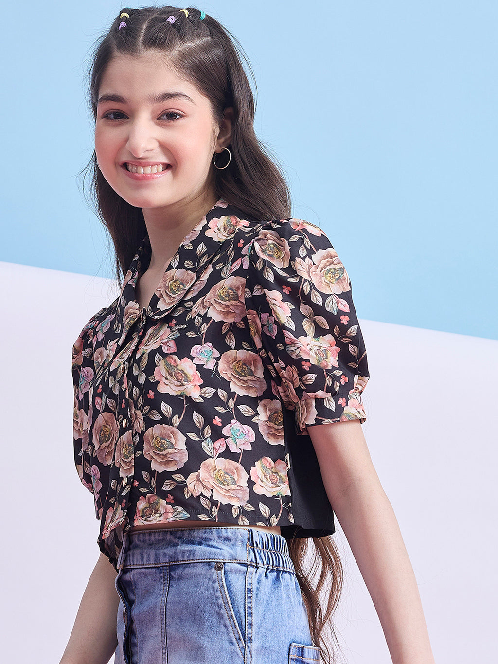 Girls Waist Length Printed Top - Black