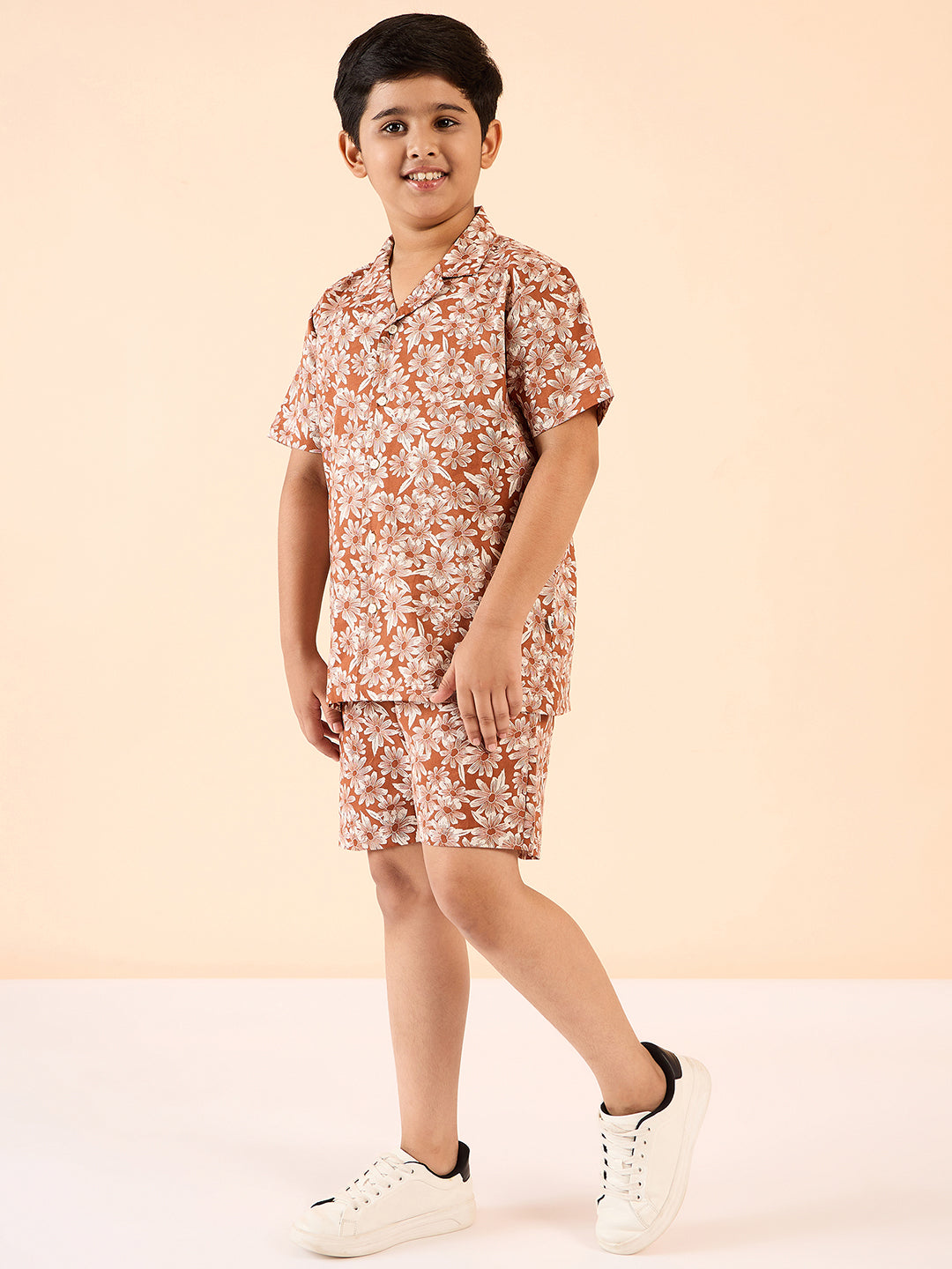 Boys Above Knee Printed Shirt with Shorts - Brown